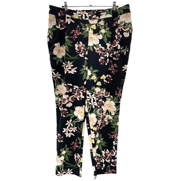 Cynthia Rowley Pants Womens Large Floral Black‎ Flowers Elastic Waist Pockets - Picture 1 of 6